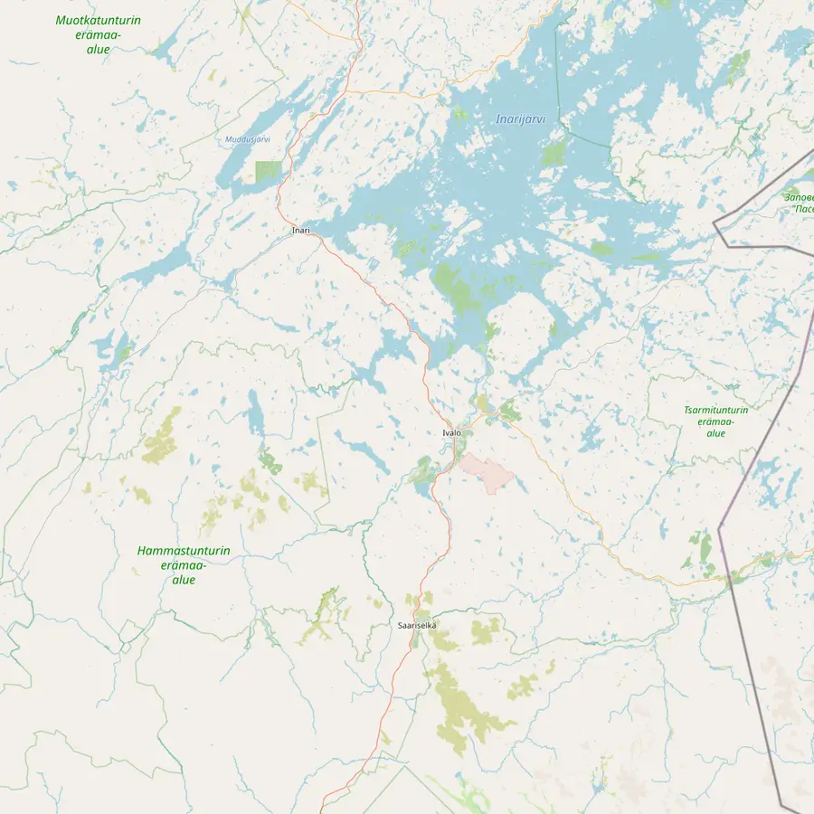 Map of the area around Saariselkä with Kaunispää, Kiilopää, Kakslauttanen, Ivalo Airport, Ivalo, Inari and Lake Inari